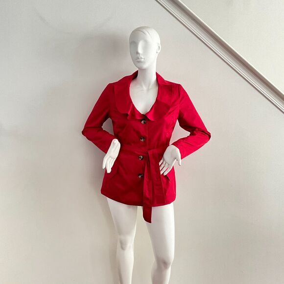 Sandro Studio Jacket Red Button Front Blazer Short Trench L - Picture 4 of 9